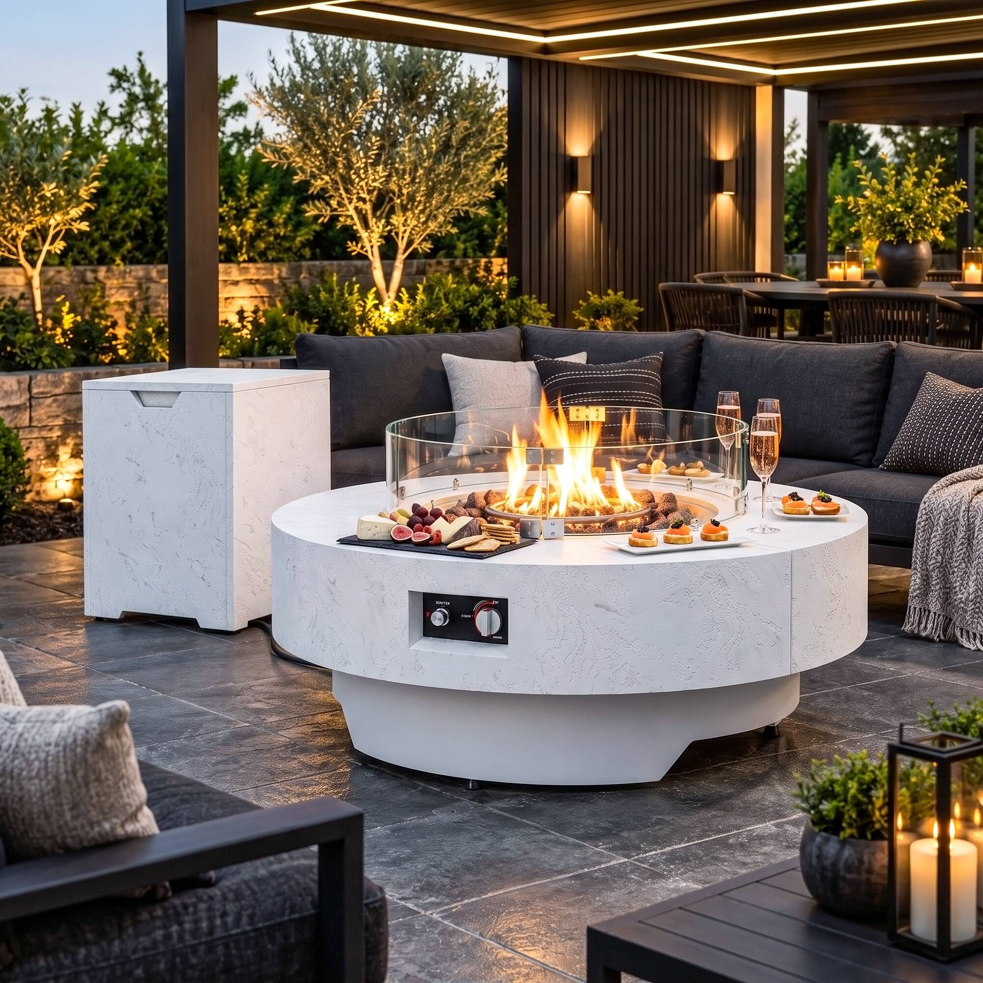 Alt View 3. Famapy - 50,000 BTU Outdoor Propane Fire Pit Table with Wind Guard, Tank Hideaway, Cover and Lava Rocks - White.