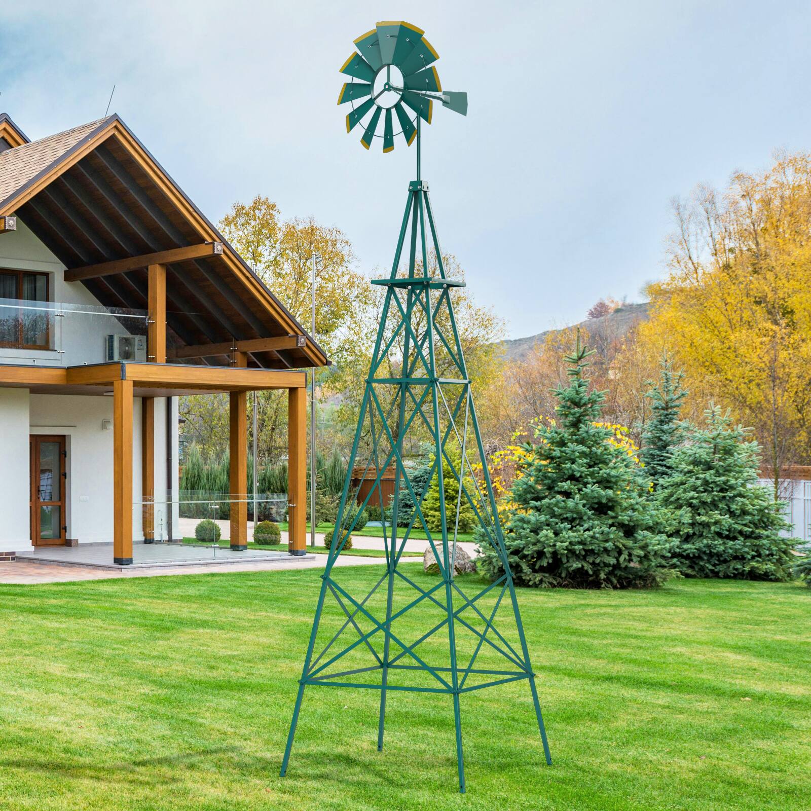 Alt View 1. Costway - 8 ft Ornamental Windmill w/ 4 Support Legs Decorative Weathervane for Backyard - Green.