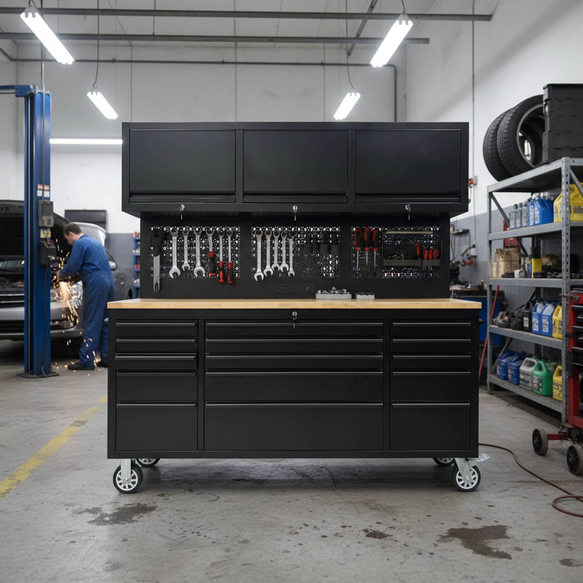 Left. LOVMOR - 72 inch Heavy Duty Rolling Tool Storage Cabinet with Power Strip 15 Drawers Pegboard and Lockable Security.