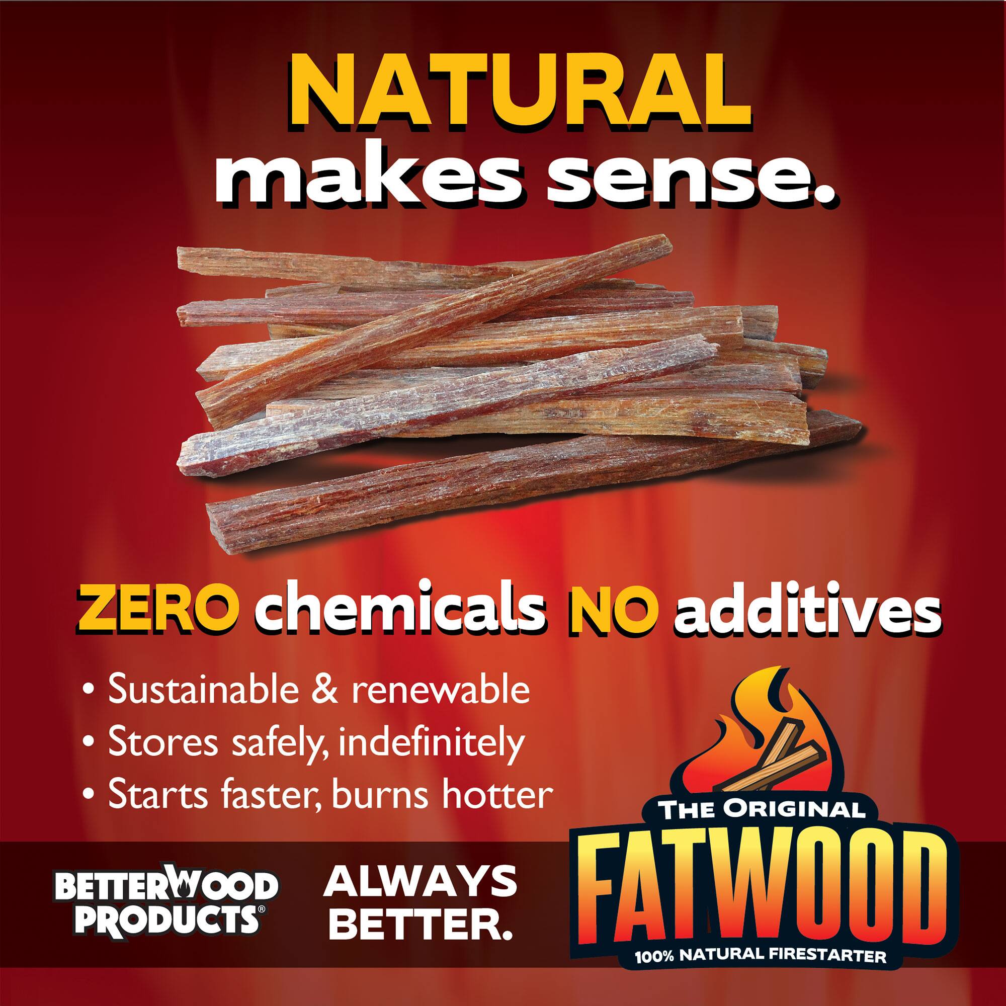 NATURAL makes sense.  
ZERO chemicals NO additives  
Sustainable & renewable  
Stores safely, indefinitely  
Starts faster, burns hotter  

ORIGINAL THE BETTERWOOD ALWAYS FATWOOD PRODUCTS BETTER.  
100% NATURAL FIRESTARTER