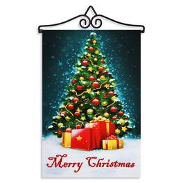G128 - Combo Pack Garden Flag Hanger 14.2 in with 12 x 18 in Merry Christmas Tree Garden Flag (150D Polyester) - Multicolor