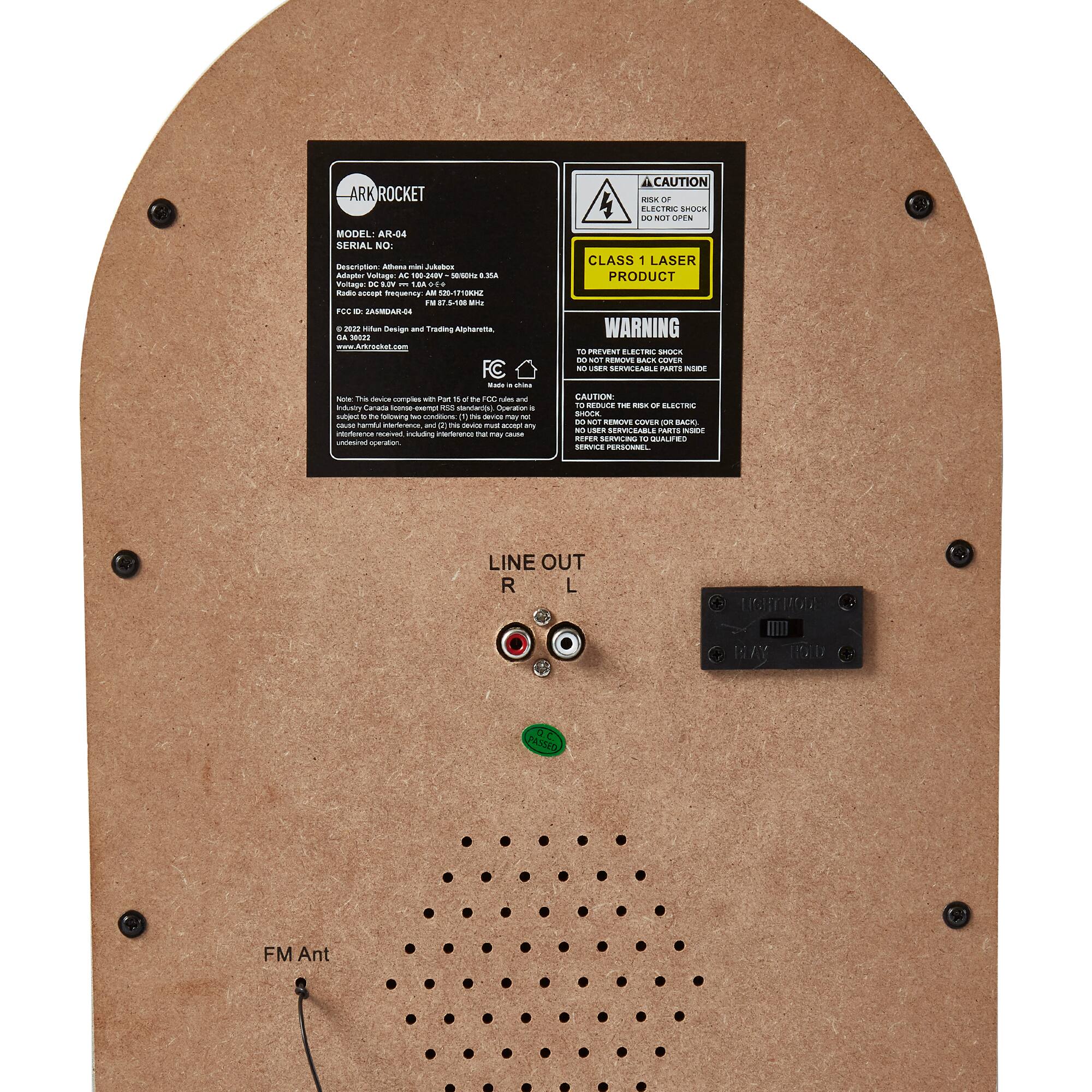 ARK ROCKET

MODEL: AR-04

SERIAL NO:

Description: Ahnheim Jokbox & 5.1A

Voltage: DC 8.4V 1A 600mA

Radio accept frequency: 88-108MHz FM

FCC ID: Z2A20MAR04

CE

www.ArkRocket.com

FC

Note: The device complies with Part 15 of the FCC Rules. Operation is subject to the following two conditions: (1) this device may not cause harmful interference, and (2) this device must accept any interference received, including interference that may cause undesired operation.

CAUTION

RISK OF ELECTRIC SHOCK

DO NOT OPEN

CLASS 1 LASER PRODUCT

WARNING

TO PREVENT ELECTRIC SHOCK

NO USER SERVICABLE PARTS INSIDE

CAUTION: THE RISK OF ELECTRIC SHOCK

DO NOT OPEN

NO USER SERVICABLE PARTS INSIDE

DO NOT REMOVE COVER OR BACK

FOR SERVICE PERSONNEL ONLY

LINE OUT

R L

FM Ant