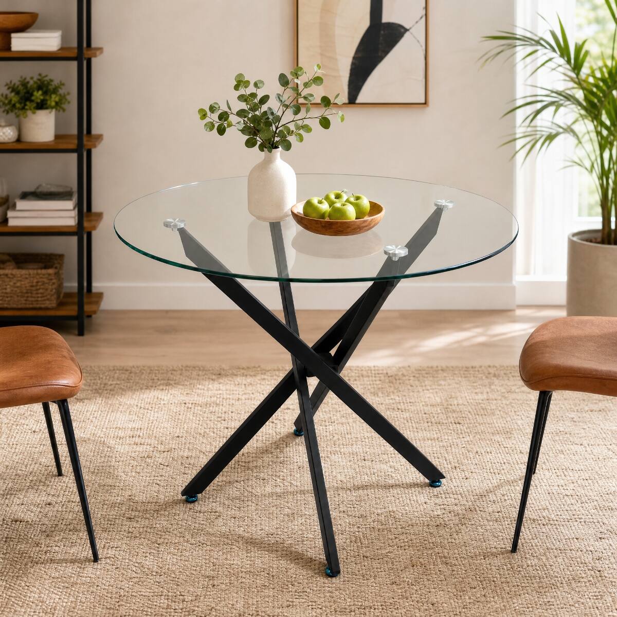 Back. Loheer - Loheer Round Tempered Glass Dining Table with Black Metal Frame, 35.43 Inch - Clear and Black.