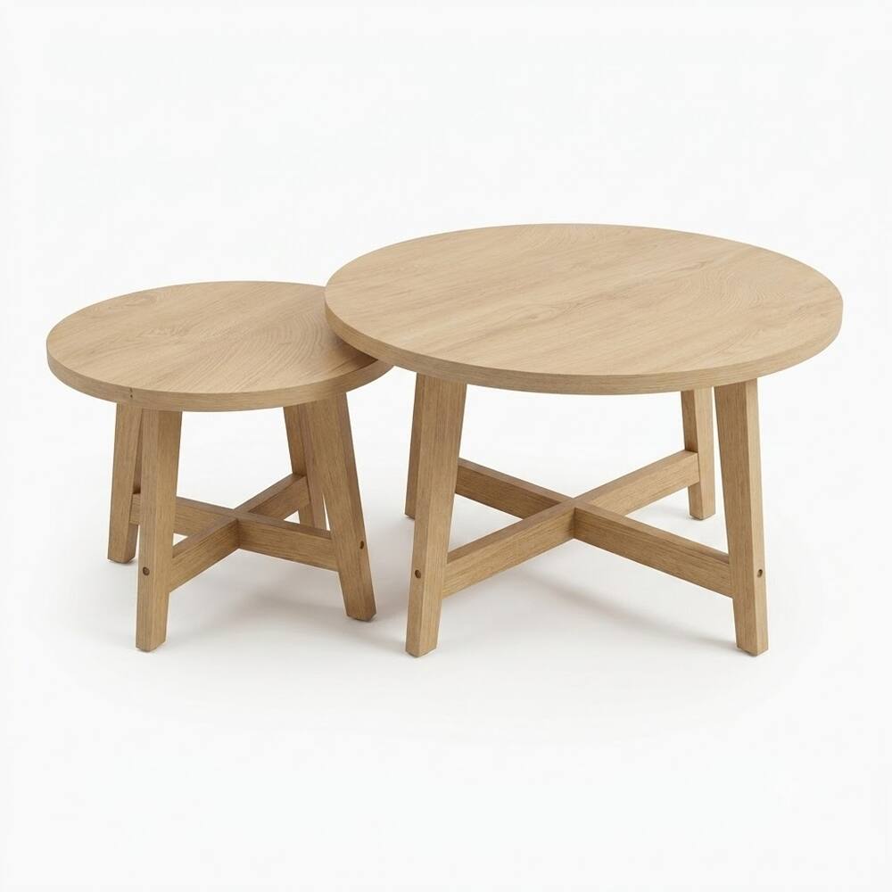 Alt View 6. Loheer - Loheer Set of 2 Round Nesting Coffee Tables Natural Wood Finish Stackable End Tables X-Shaped Frame Modern Side Tables - Natural Wood.