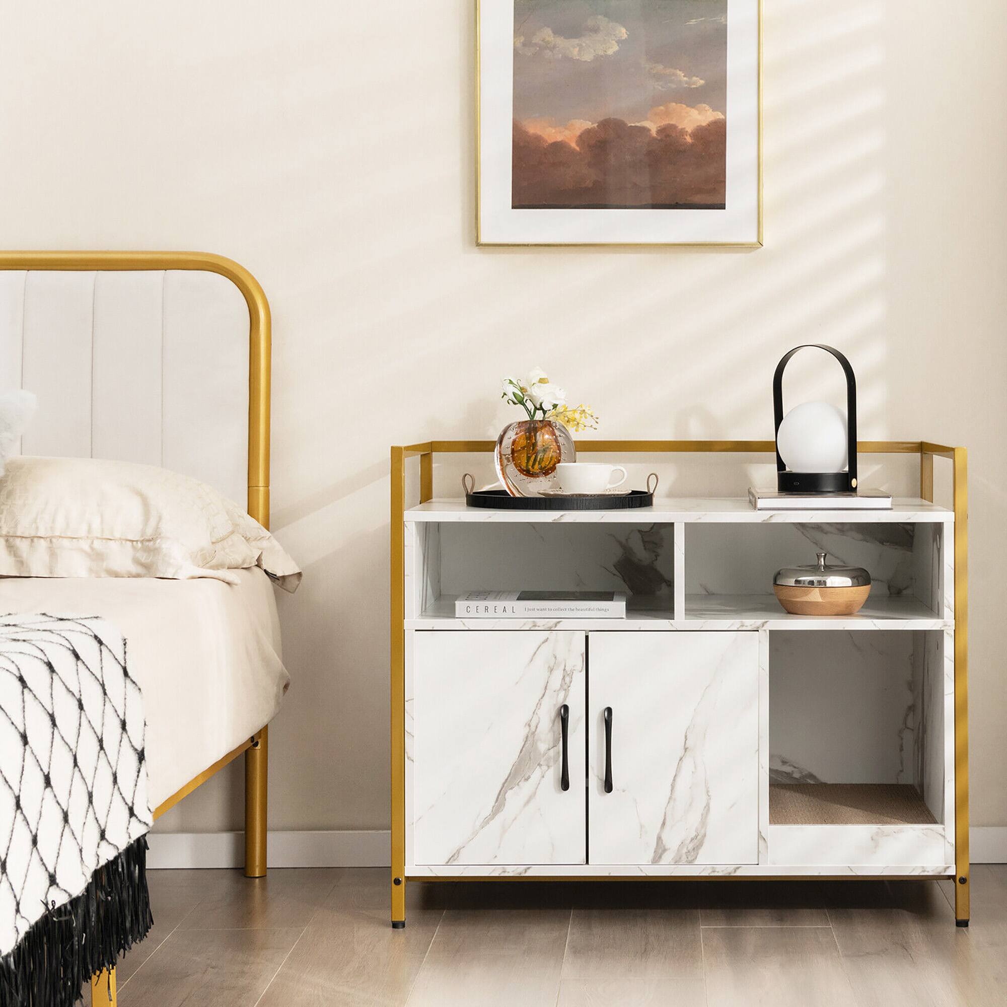 Alt View 3. Gymax - Gymax Large Litter Box Enclosure Cat Wooden Storage Cabinet with 2 Doors Marble White - Marble White.