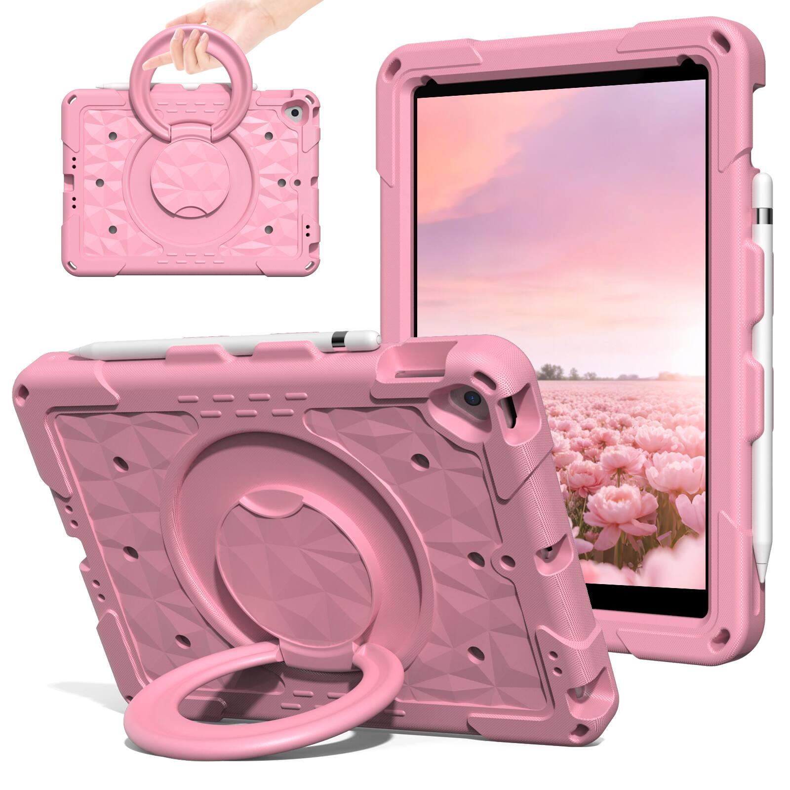 Angle. UUCOVER - Kids Case for iPad 9th/8th/7th Generation 10.2 inch Shockproof EVA Handle Stand Cover with Shoulder Strap - Pink.