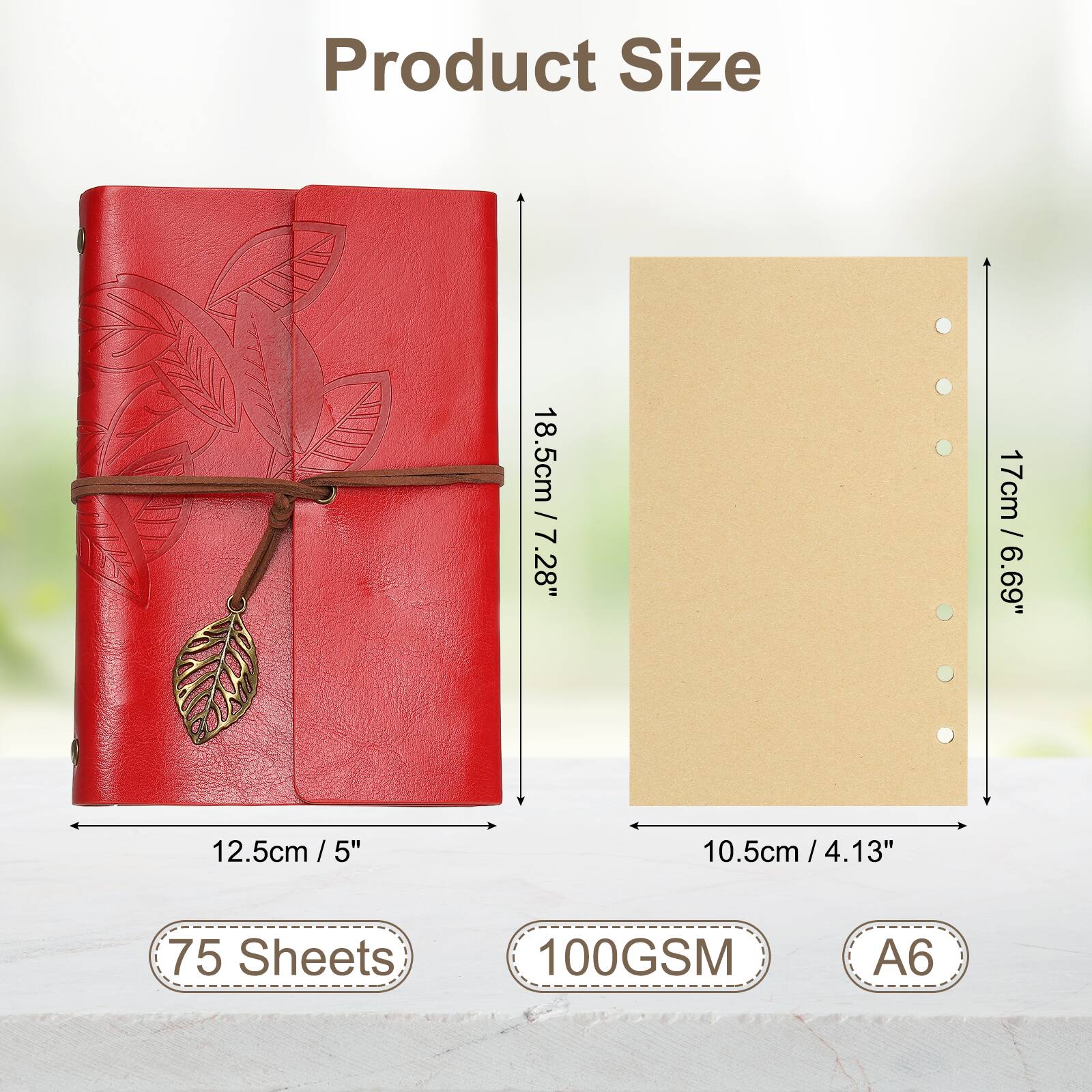 Product Size

18.5cm / 7.28"  
17cm / 6.69"  
12.5cm / 5"  
10.5cm / 4.13"  

75 Sheets  
100GSM  
A6
