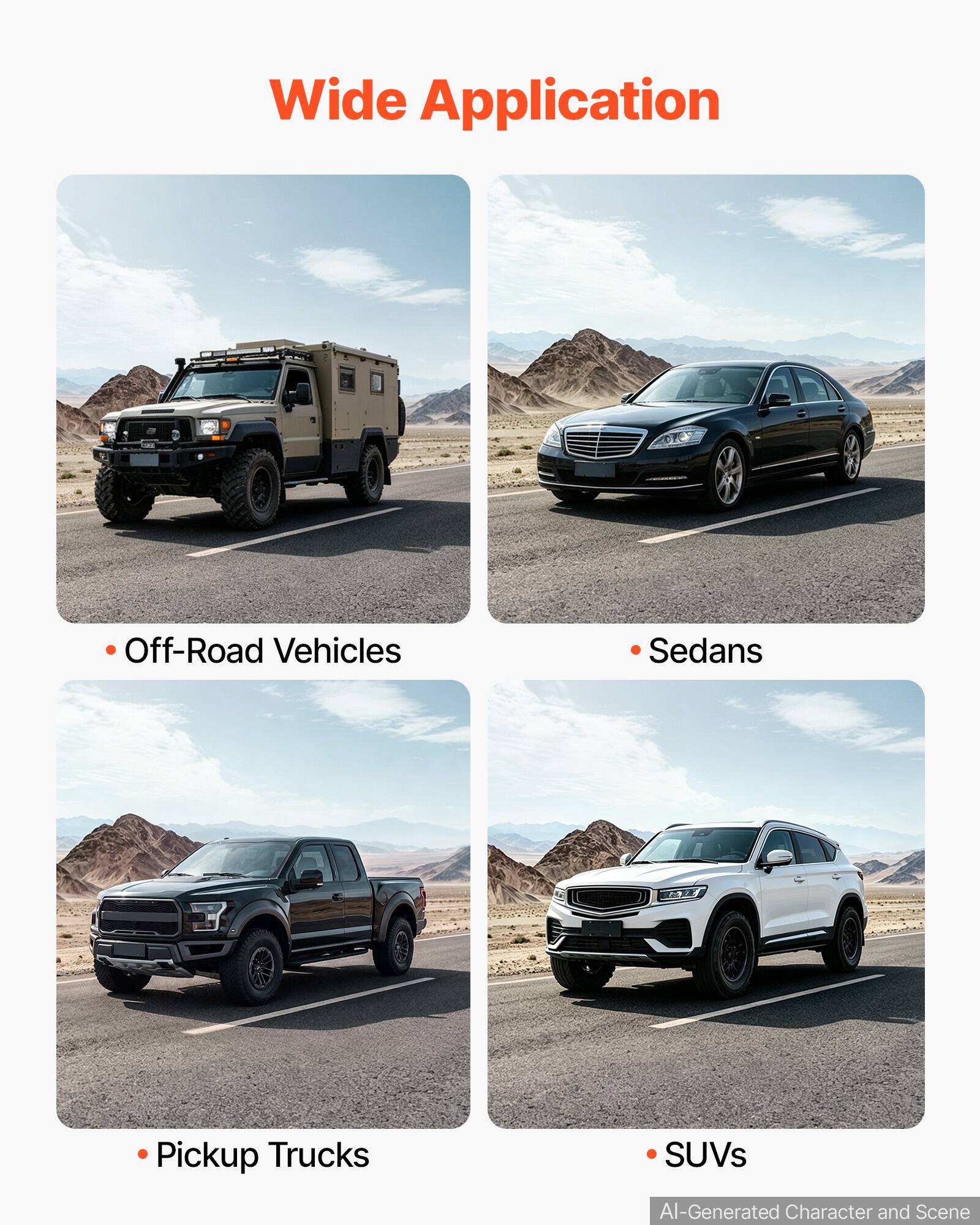 Wide Application

- Off-Road Vehicles
- Sedans
- Pickup Trucks
- SUVs

AI-Generated Character and Scene