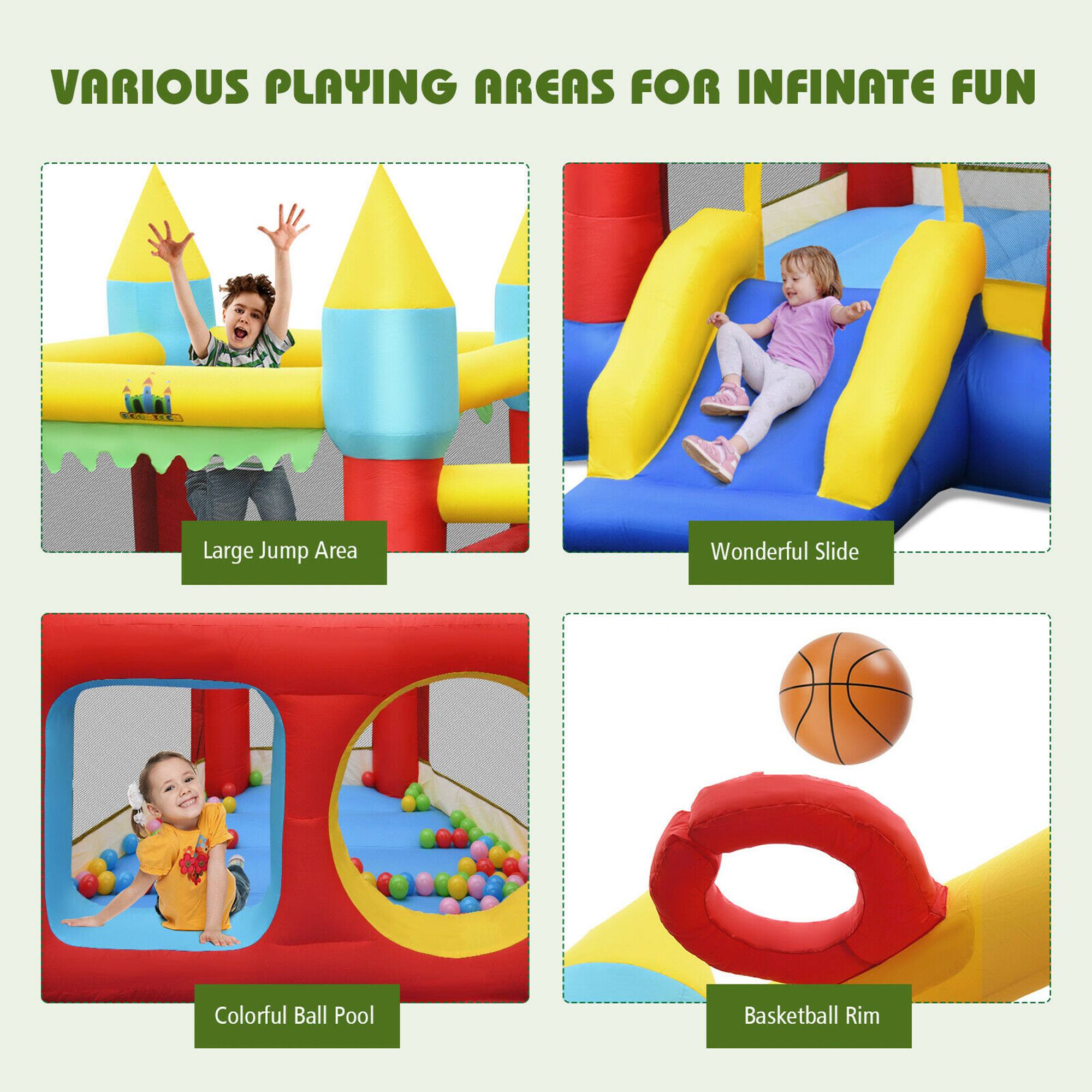 VARIOUS PLAYING AREAS FOR INFINITE FUN:

1. Large Jump Area
2. Wonderful Slide
3. Colorful Ball Pool
4. Basketball Rim
