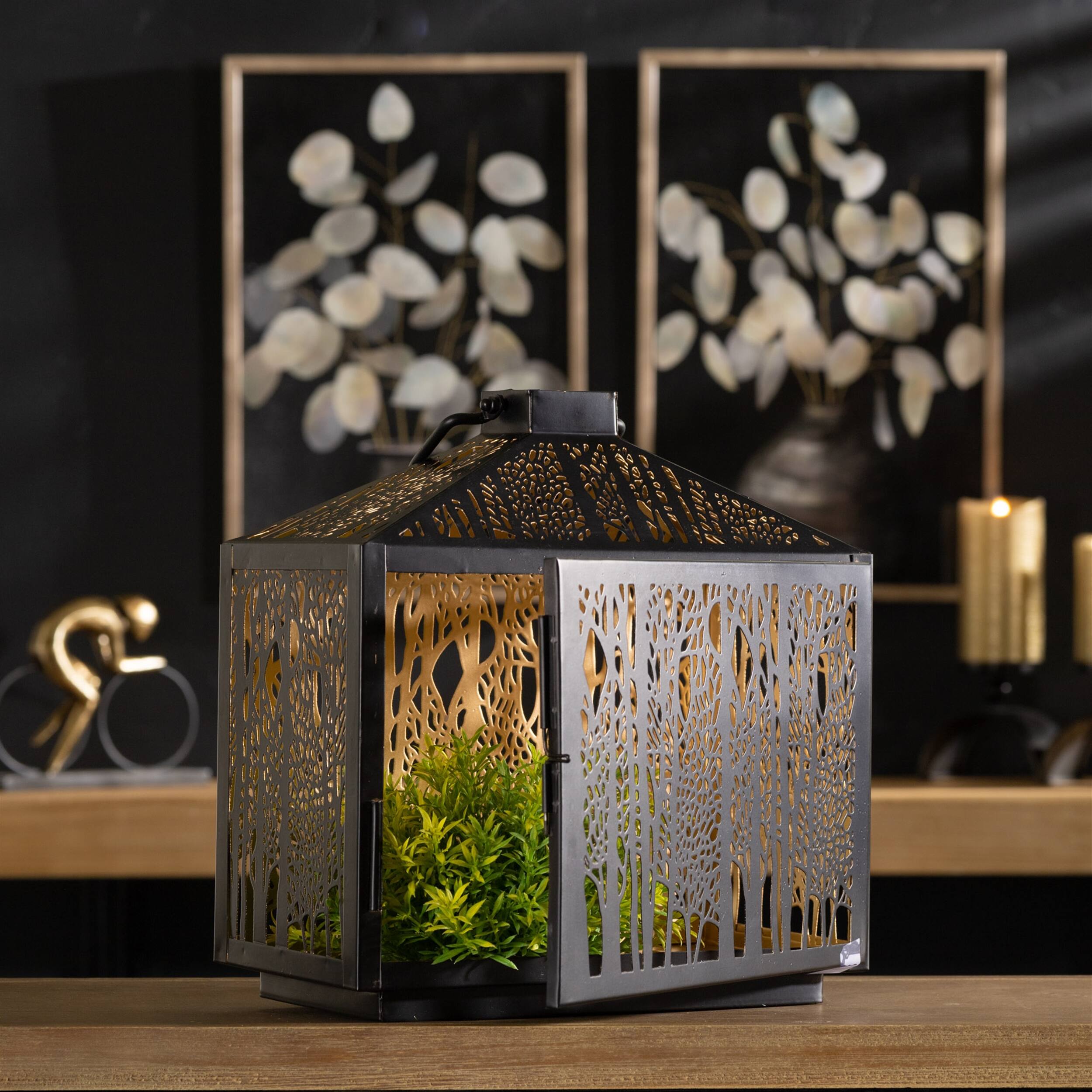 Alt View 2. BreeBe - Forest Cut Metal Lantern with Gold Accent 12"H - Black, Gold.