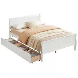 Costway - Full Size Bed Frame with Storage Drawers, Wood Platform Bed with Headboard Footboard - White