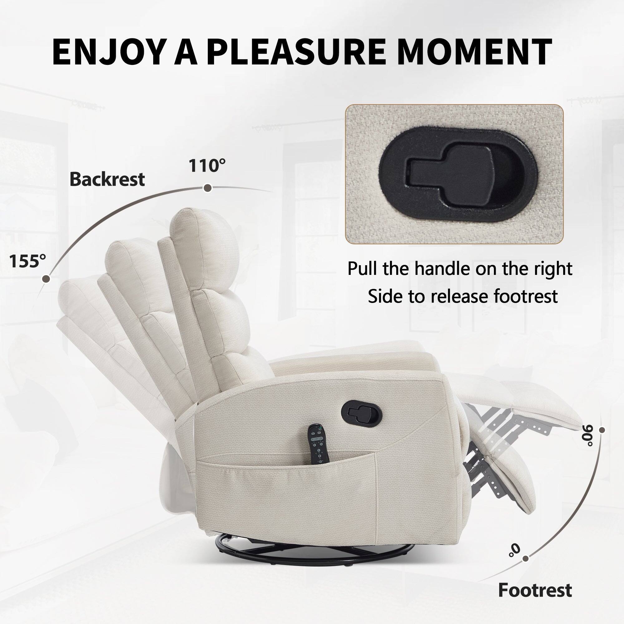 ENJOY A PLEASURE MOMENT

Backrest
110°
155°

Footrest
90°

Pull the handle on the right side to release footrest