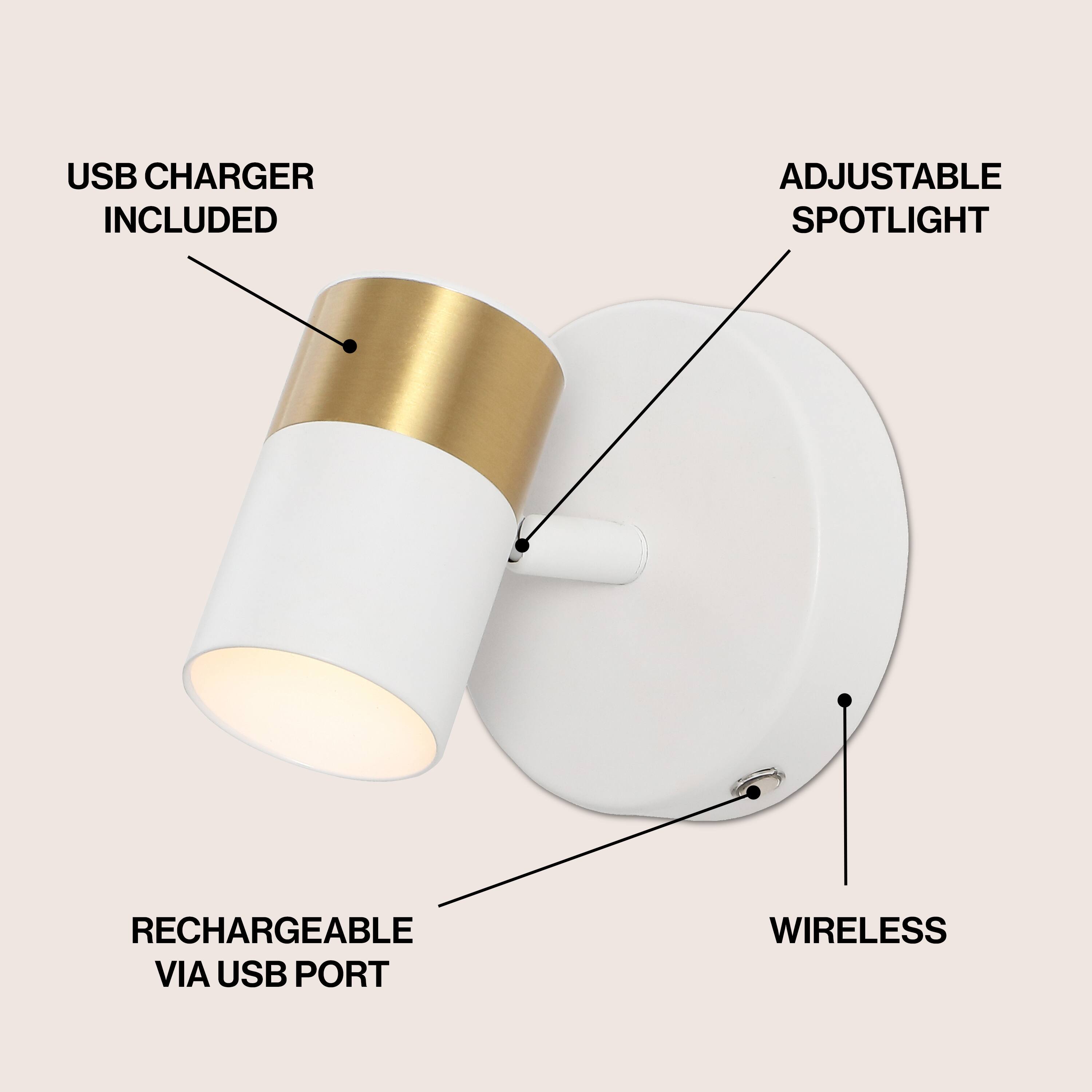 USB Charger Included  
Adjustable Spotlight  
Rechargeable via USB Port  
Wireless