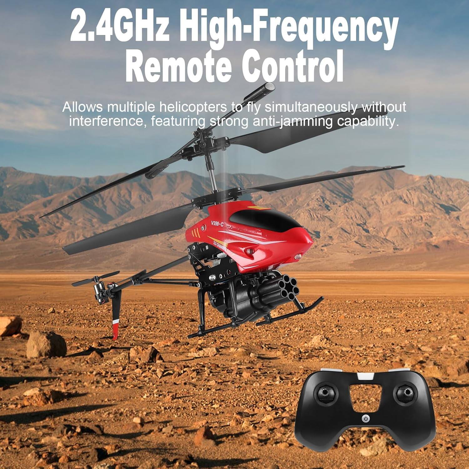 2.4GHz High-Frequency Remote Control  
Allows multiple helicopters to fly simultaneously without interference, featuring strong anti-jamming capability.