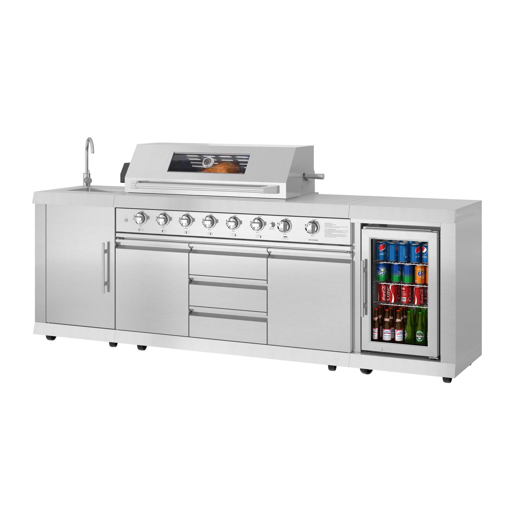 Angle. Koolmore - KoolMore Reserve Outdoor Kitchen Island with 6 Burner Grill and Side Burner, Sink, Storage Cabinet and Refrigerator - Stainless Steel.