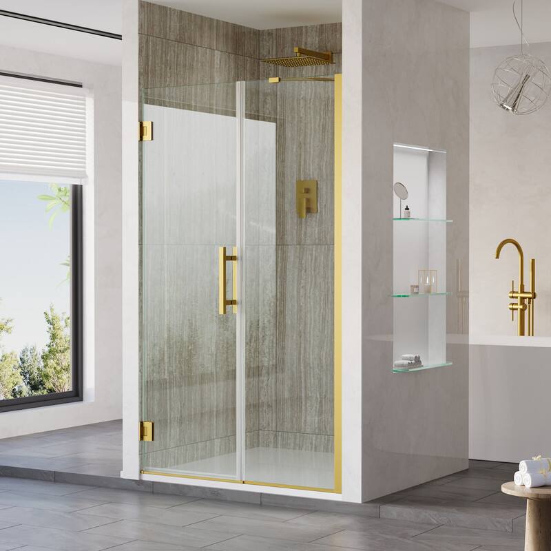 Angle. WELLFOR - 42–43 in. W x 72 in. H Frameless Hinged Shower Door with 3/8" Clear Tempered Glass, Reversible Opening - Brushed Gold.