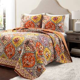 Hivvago - King size Boho Floral Lightweight Cotton 3-Piece Quilt Set - Orange Mauve Yellow