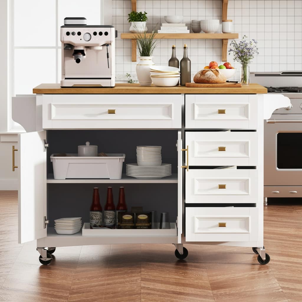 Forest'nSky - 52" Kitchen Island with Drop Leaf – Embossed Texture Cart on Wheels, 5 Drawers, 2 Doors, Spice & Towel Racks - White