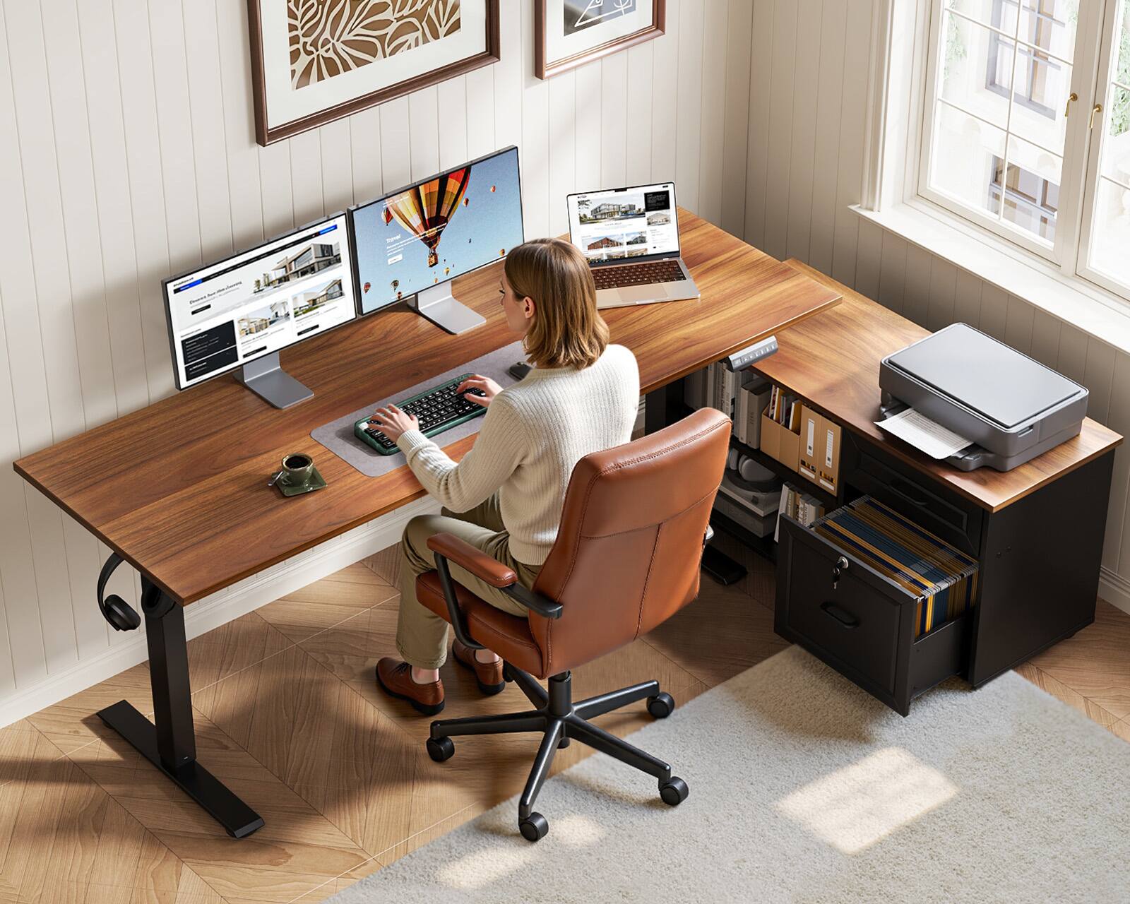 Alt View 2. OffiGo - L Shaped Electric Standing Desk with Drawers & File Cabinet, Height Adjustable Computer Desk for Home Office - Walnut+black.