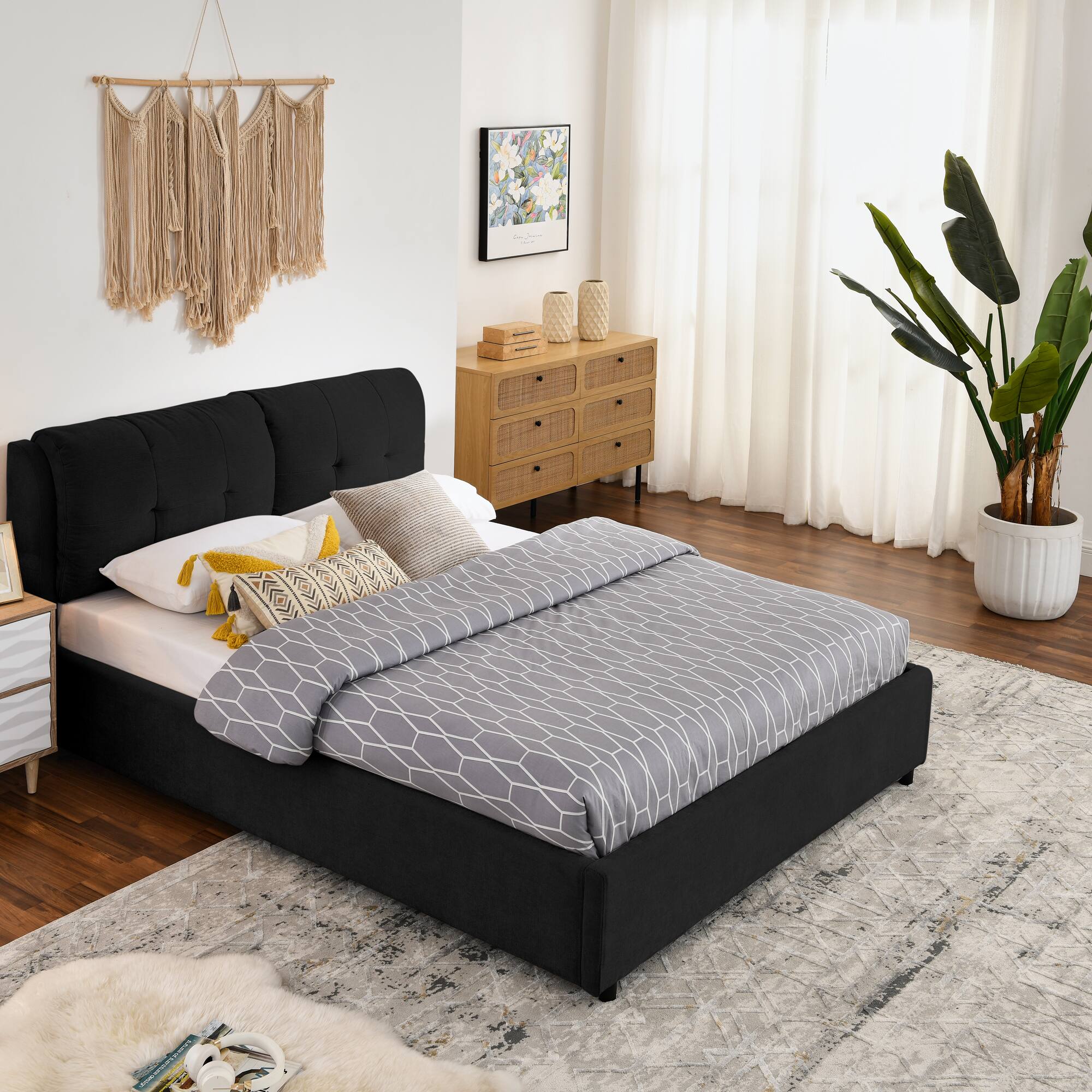Angle. Anysun - Queen Size Storage Upholstered Hydraulic Platform Bed with Integrated Headboard, Chenille Fabric - Black.