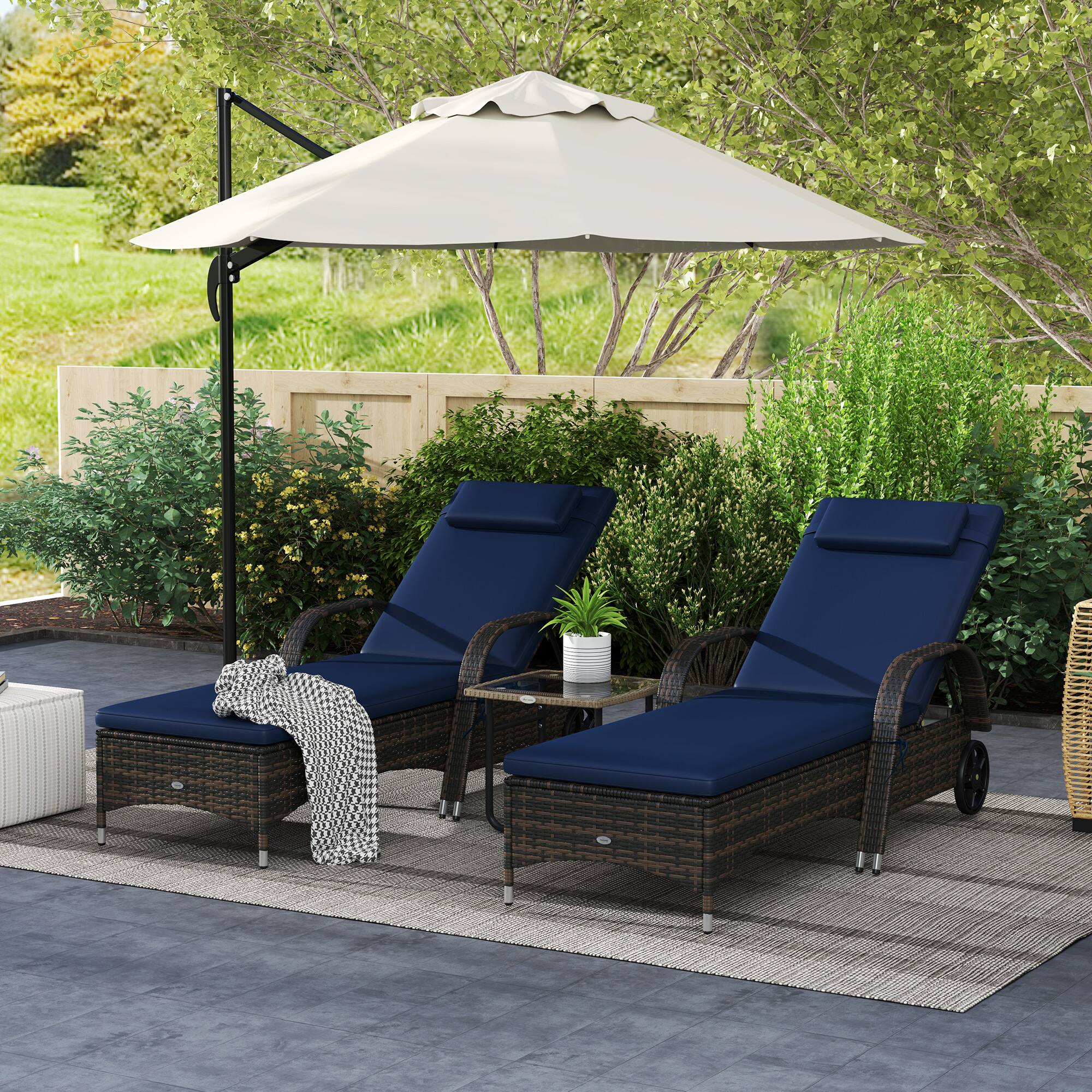 Alt View 1. Outsunny - Wicker Outdoor Chaise Lounge Set of 2, 5-Level Adjustable Backrest PE Rattan Pool Lounge Chair - Mixed Brown and Dark Blue.