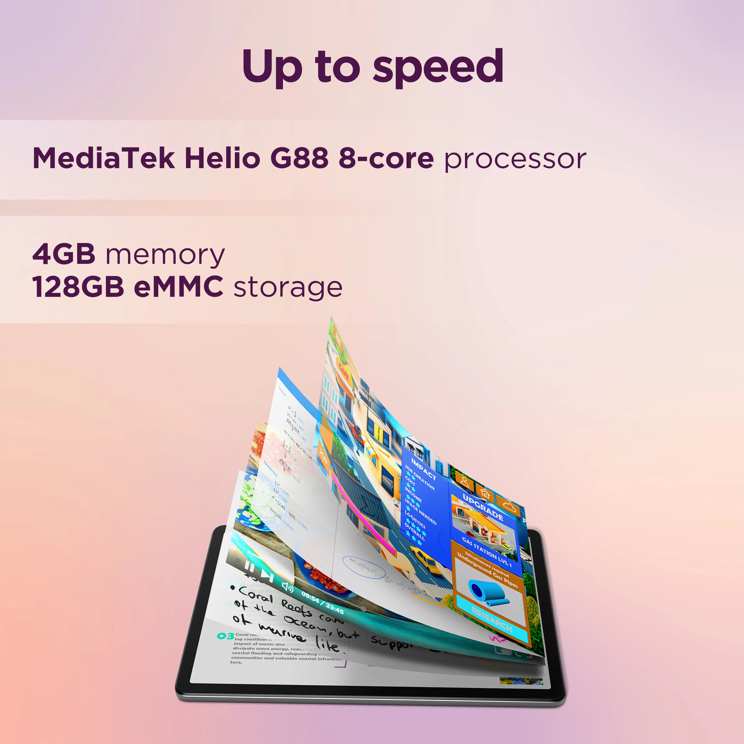 Up to speed MediaTek Helio G88 8-core processor 4GB memory 128GB eMMC storage.