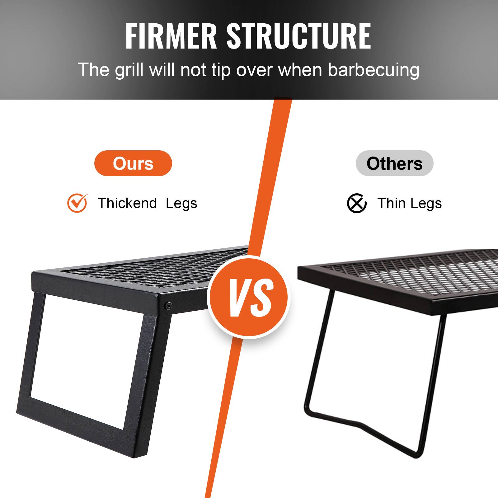 FIRMER STRUCTURE  
The grill will not tip over when barbecuing  

Ours  
✅ Thickened Legs  

Others  
❌ Thin Legs  

VS