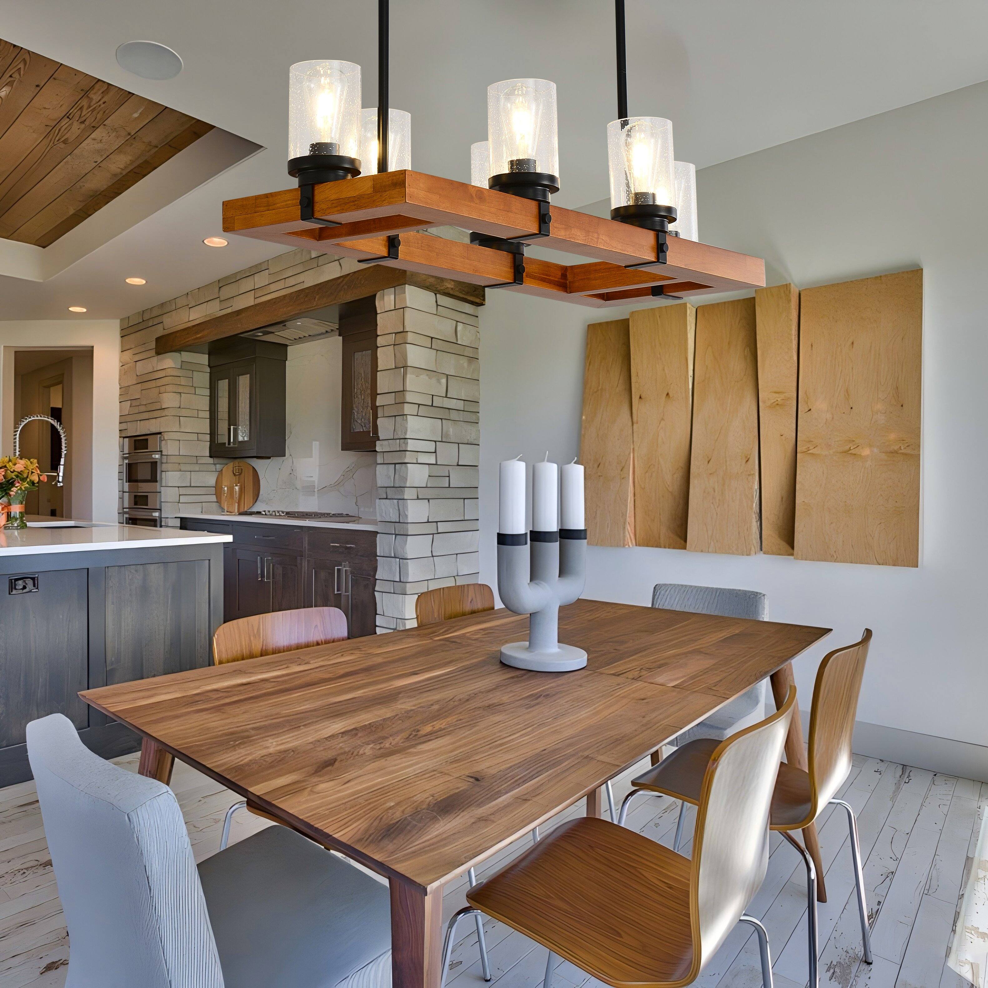 Alt View 7. RYHNUYNE - 6-Light Farmhouse Wood Chandelier with Seeded Glass Shades - Rustic Rectangular Pendant Light for Dining Room Kitchen - Black.