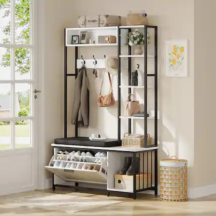 Front. Anysun - Hall Tree Coat Rack, Hall Tree With Bench and Shoe Storage, Mud Room Storage Furniture, 39.37 X 15.74 X 69.69 Inches - White.