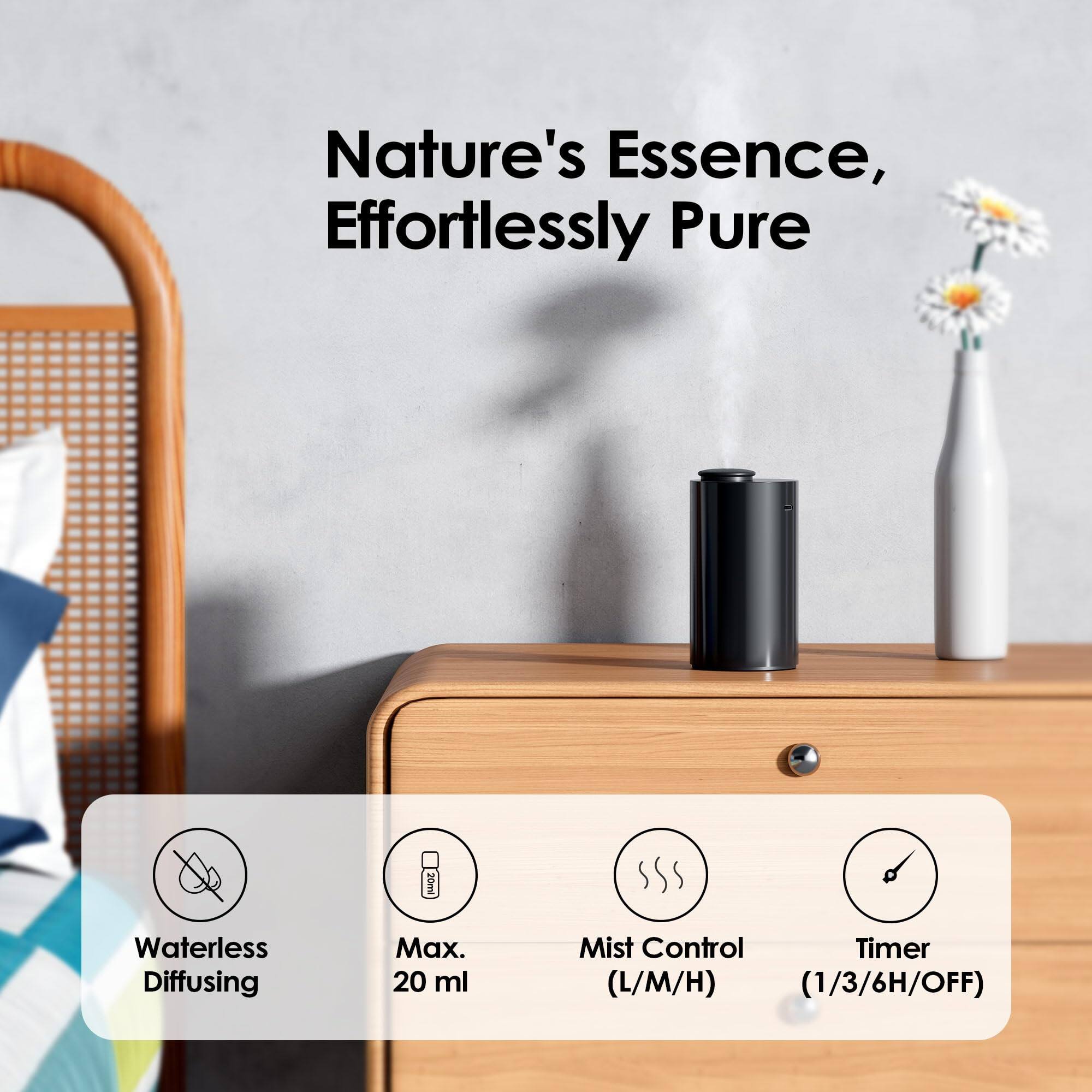 Nature's Essence, Effortlessly Pure

- Waterless Diffusing
- Max. 20 ml
- Mist Control (L/M/H)
- Timer (1/3/6H/OFF)