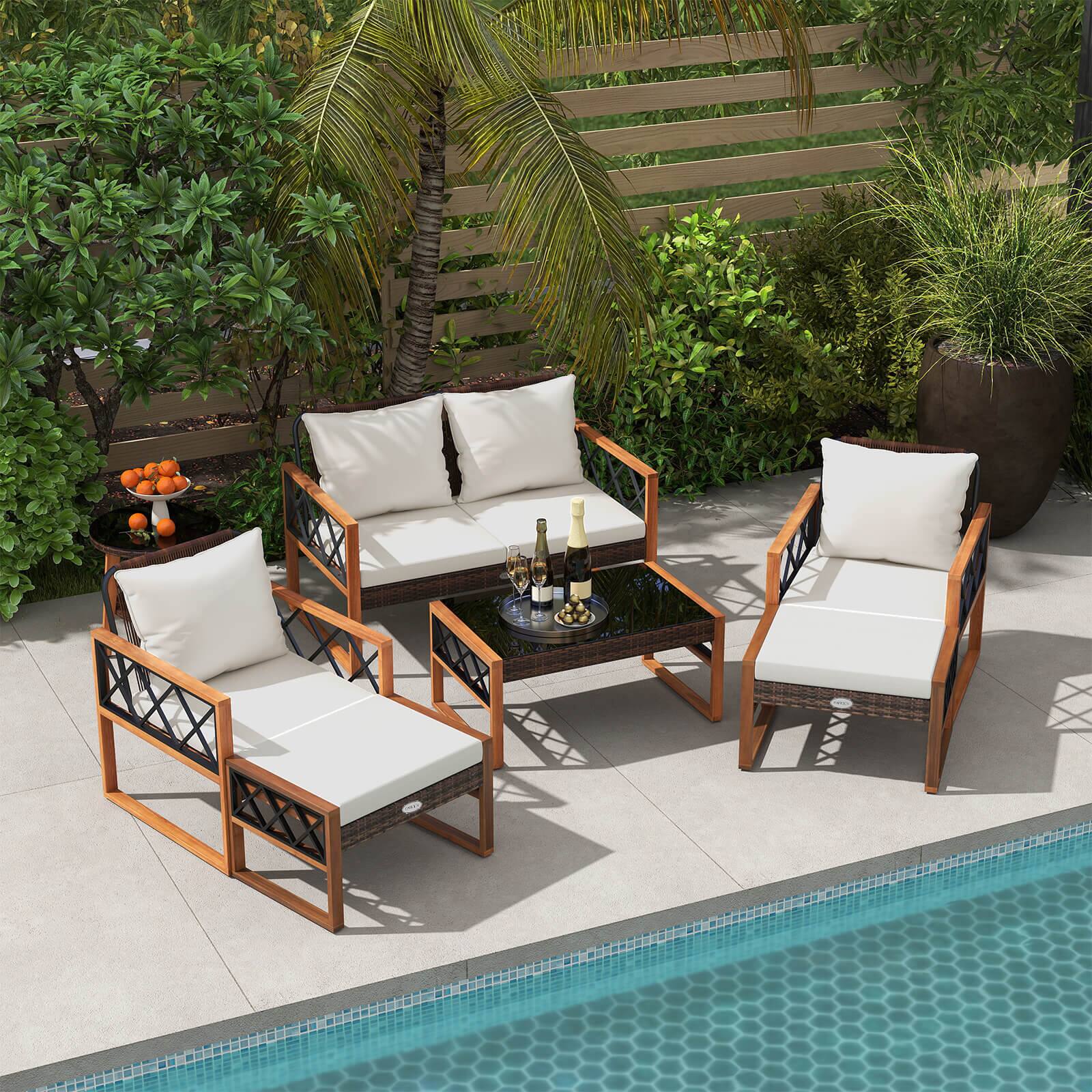 Alt View 1. Costway - Costway 7 PCS Patio PE Wicker Furniture Set with Ottomans Cushions and Tables Chair Couch - White.