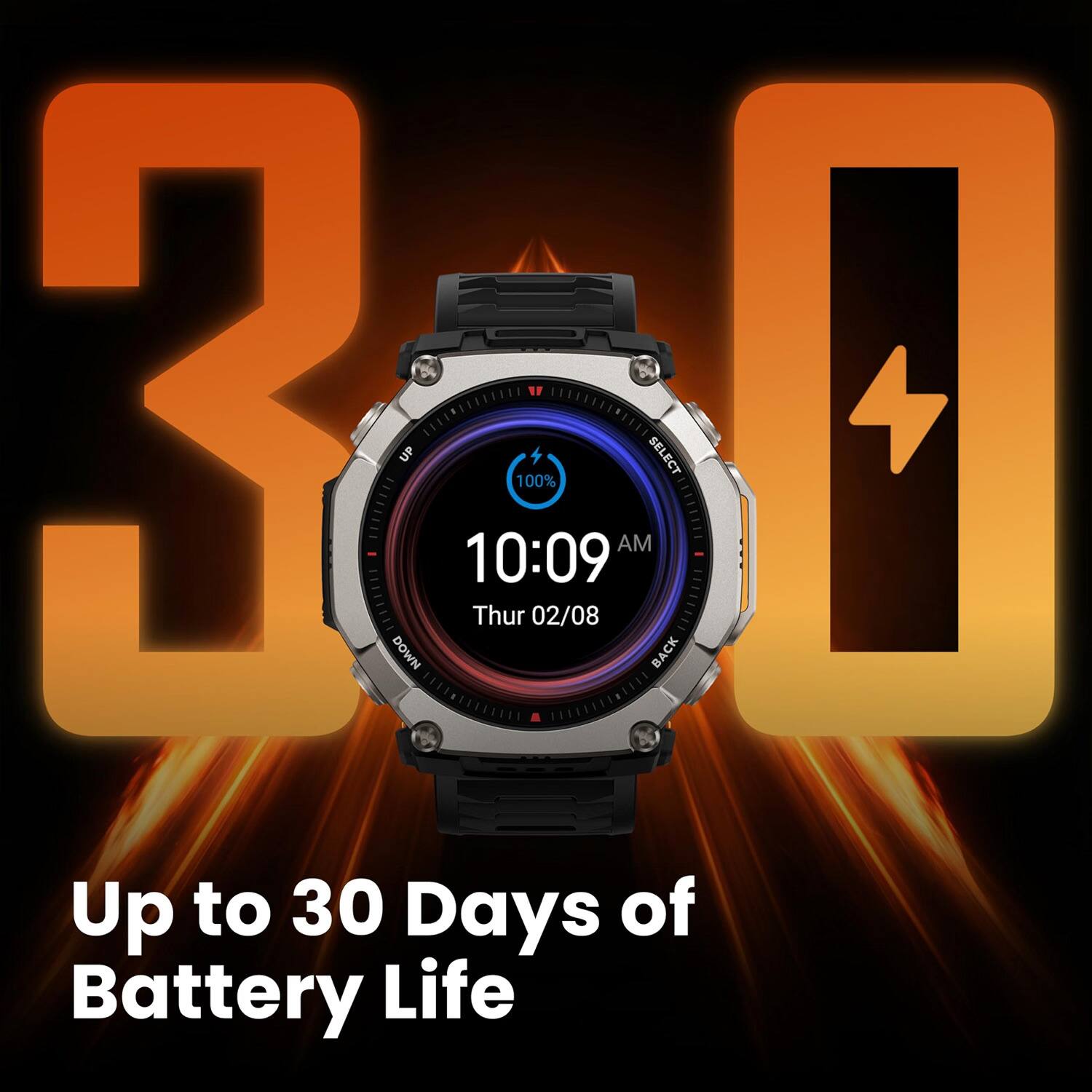 30 DOWN UP 10:09 Thur 100% 02/08 AM SELECT BACK Up to 30 Days of Battery Life