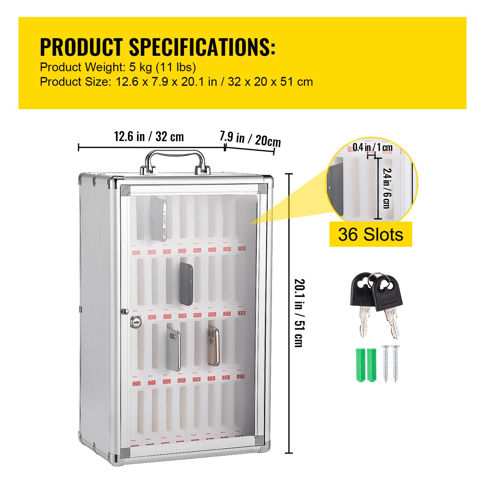 PRODUCT SPECIFICATIONS:  
Product Weight: 5 kg (11 lbs)  
Product Size: 12.6 x 7.9 x 20.1 in / 32 x 20 x 51 cm  

12.6 in / 32 cm  
7.9 in / 20 cm  
20.1 in / 51 cm  

0.4 in / 1 cm  
2.4 in / 6 cm  

36 Slots