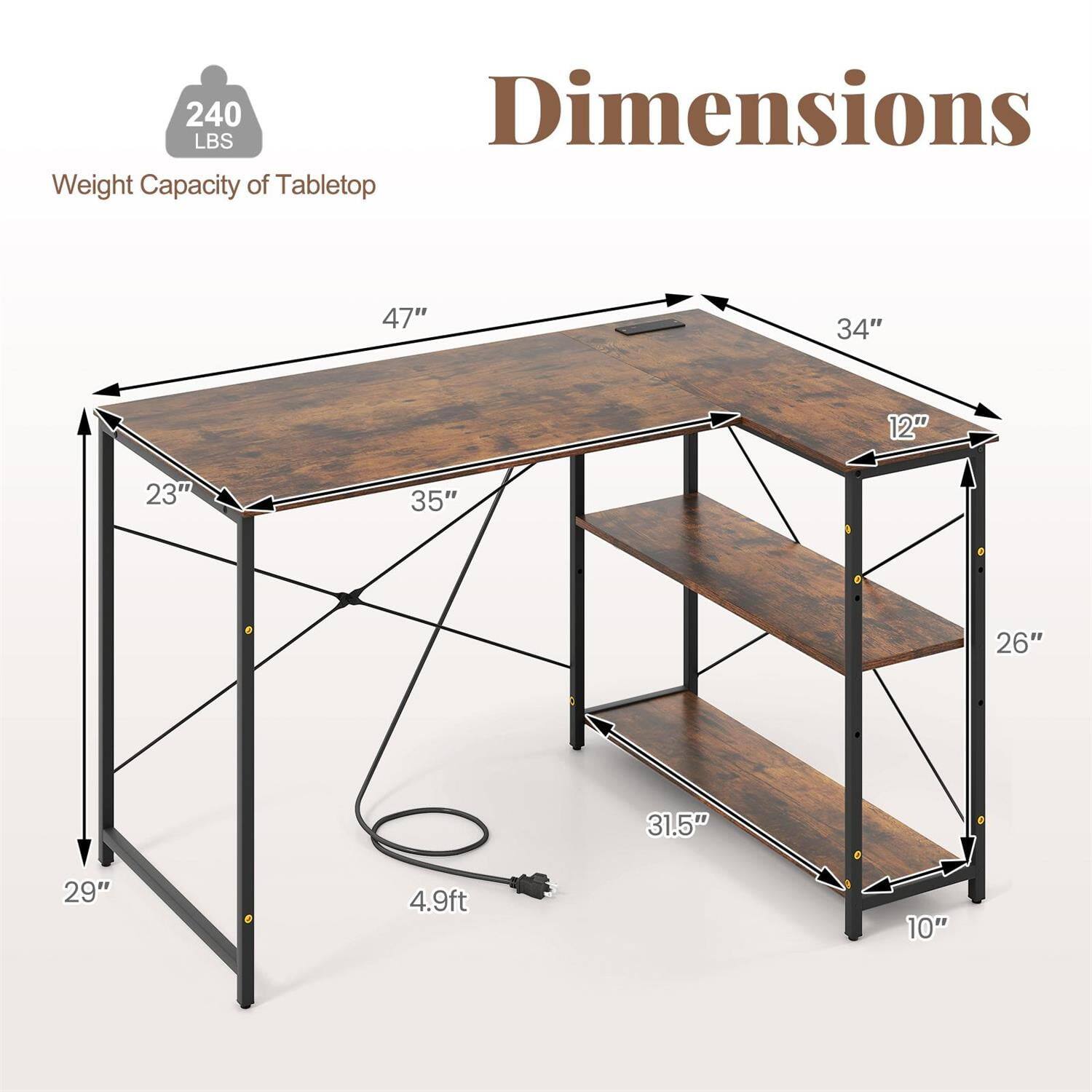 240 LBS  
Weight Capacity of Tabletop  

Dimensions:  
47" x 34" x 12"  
23" x 35" x 26"  
29" x 31.5" x 10"  
4.9ft