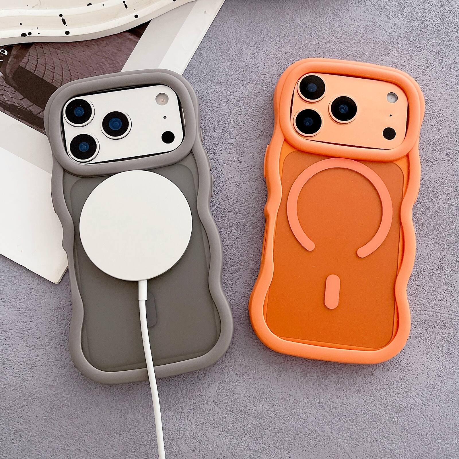 Left. Dteck - Curly Wavy Frame Case for iPhone 17 Pro Max, Compatible with MagSafe, Shockproof Translucent Frosted Back Phone Cover - Orange.