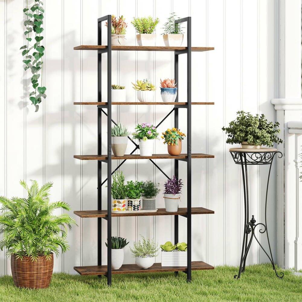 Back. Kadyn - 5-Tier 62" Tall Vintage Industrial Bookcase - Open Storage Shelves, Rustic Brown + Black - Brown.