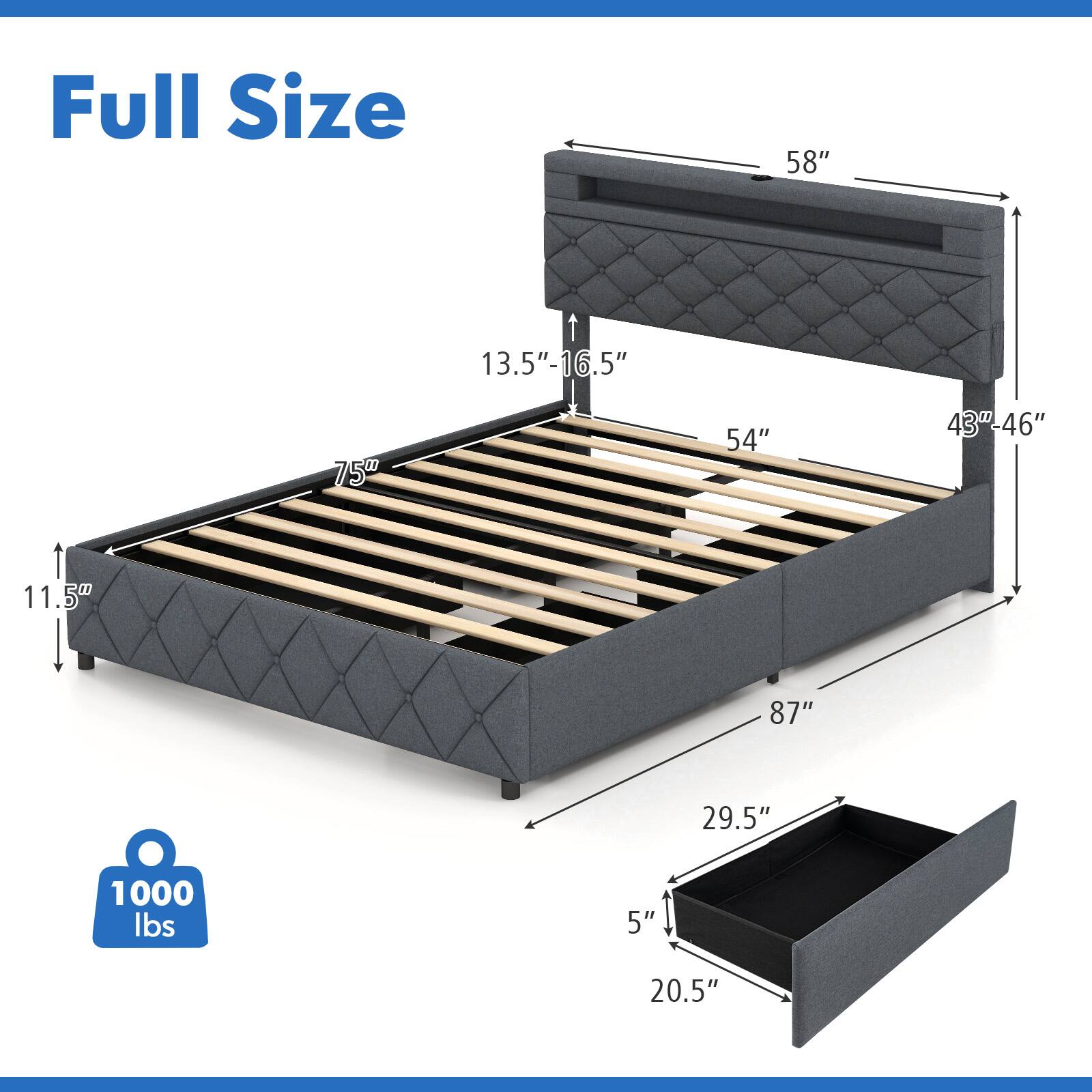 Full Size

- 58"
- 13.5"-16.5"
- 75"
- 54"
- 43"-46"
- 11.5"
- 87"
- 29.5"
- 5"
- 20.5"
- 1000 lbs