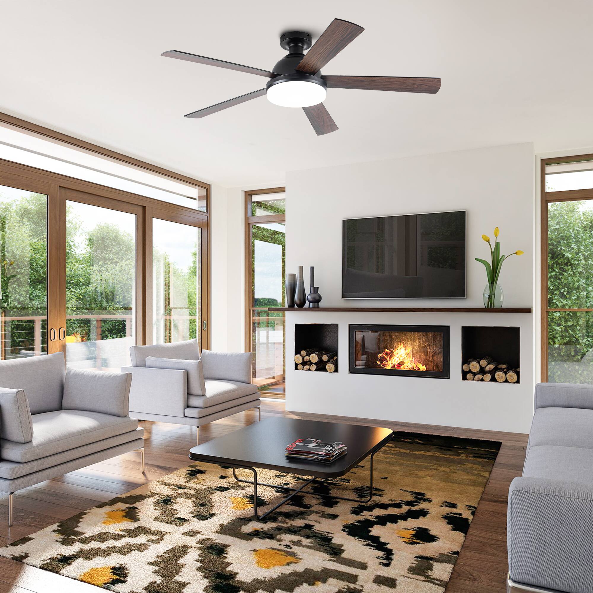 Alt View 1. Vaczon - 52‘’ Industrial Reversible Flush Mount Smart Ceiling Fan with Light and APP - Black.