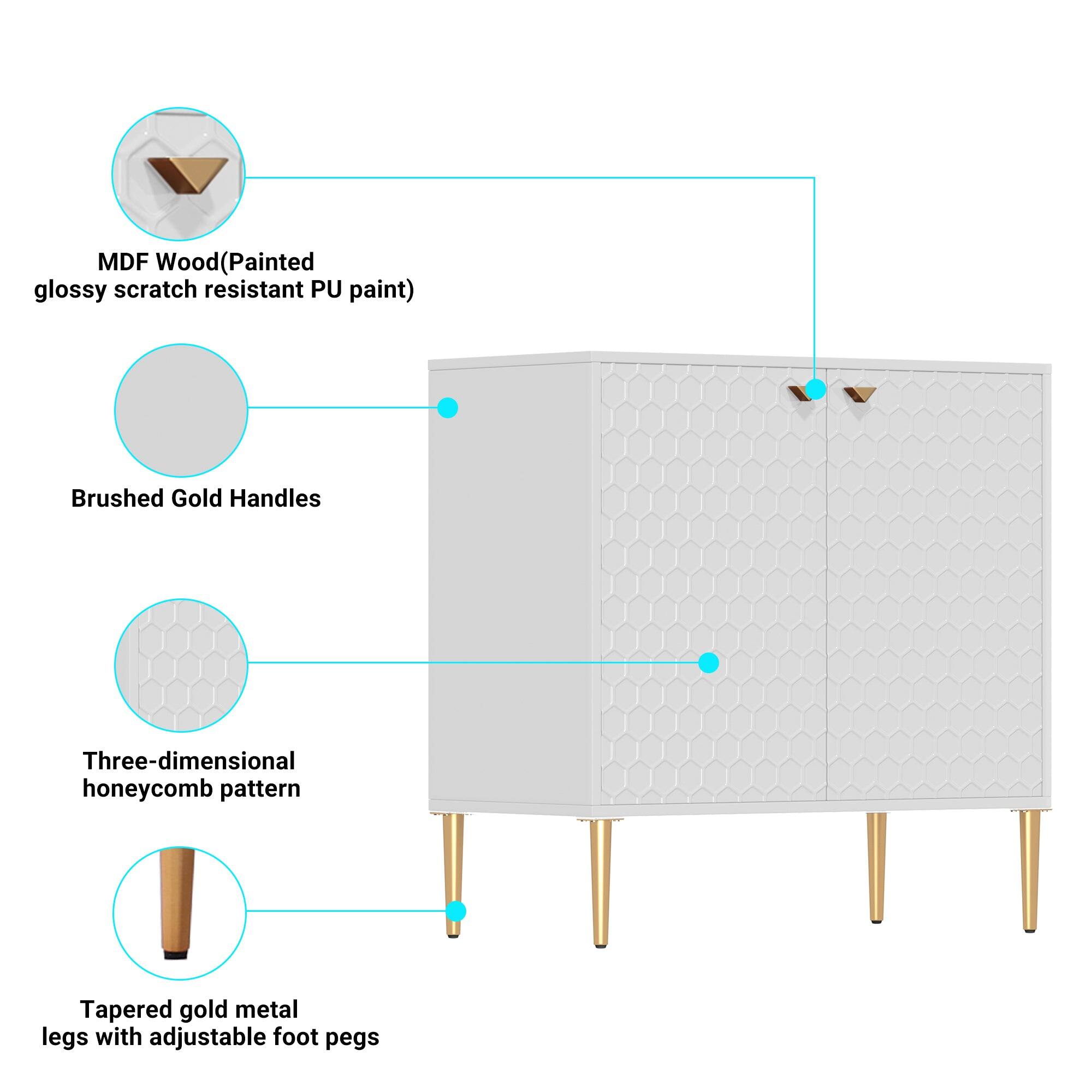 MDF Wood(Painted glossy scratch resistant PU paint), Brushed Gold Handles, Three-dimensional honeycomb pattern, Tapered gold metal legs with adjustable foot pegs