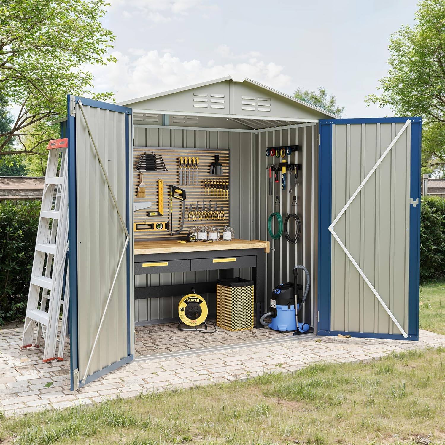 GAOMON - 6X4 FT Outdoor Storage Shed, Galvanized Steel Outdoor Storage Shed,130 Cu Ft Weather Resistant Garden Tool Sheds