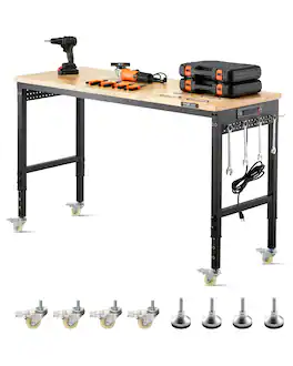 VEVOR - 60-Inch Adjustable Workbench, 2000 lbs Load, Work Bench with Power Outlet, Wheels, and Pegboard - Black