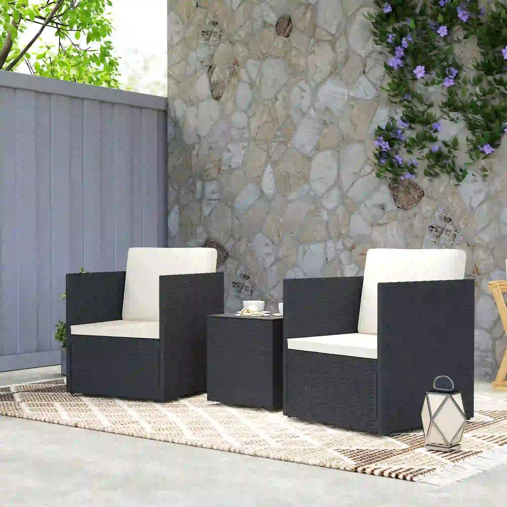 Left. Resenkos - Resenkos Folding Wicker Bistro Set, Cushions and Glass Coffee Table for Porch, Balcony, Black - Black.