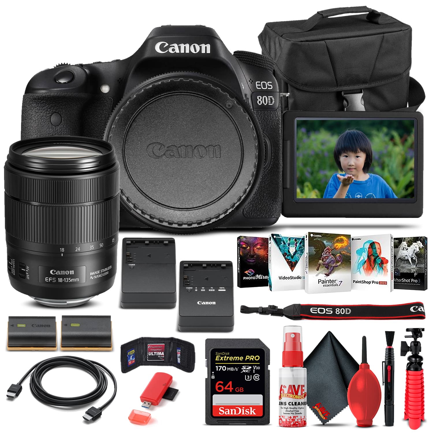 Canon - EOS 80D DSLR Camera W/ 18-135mm Lens 1263C006 - Basic Bundle (International Version) - Black