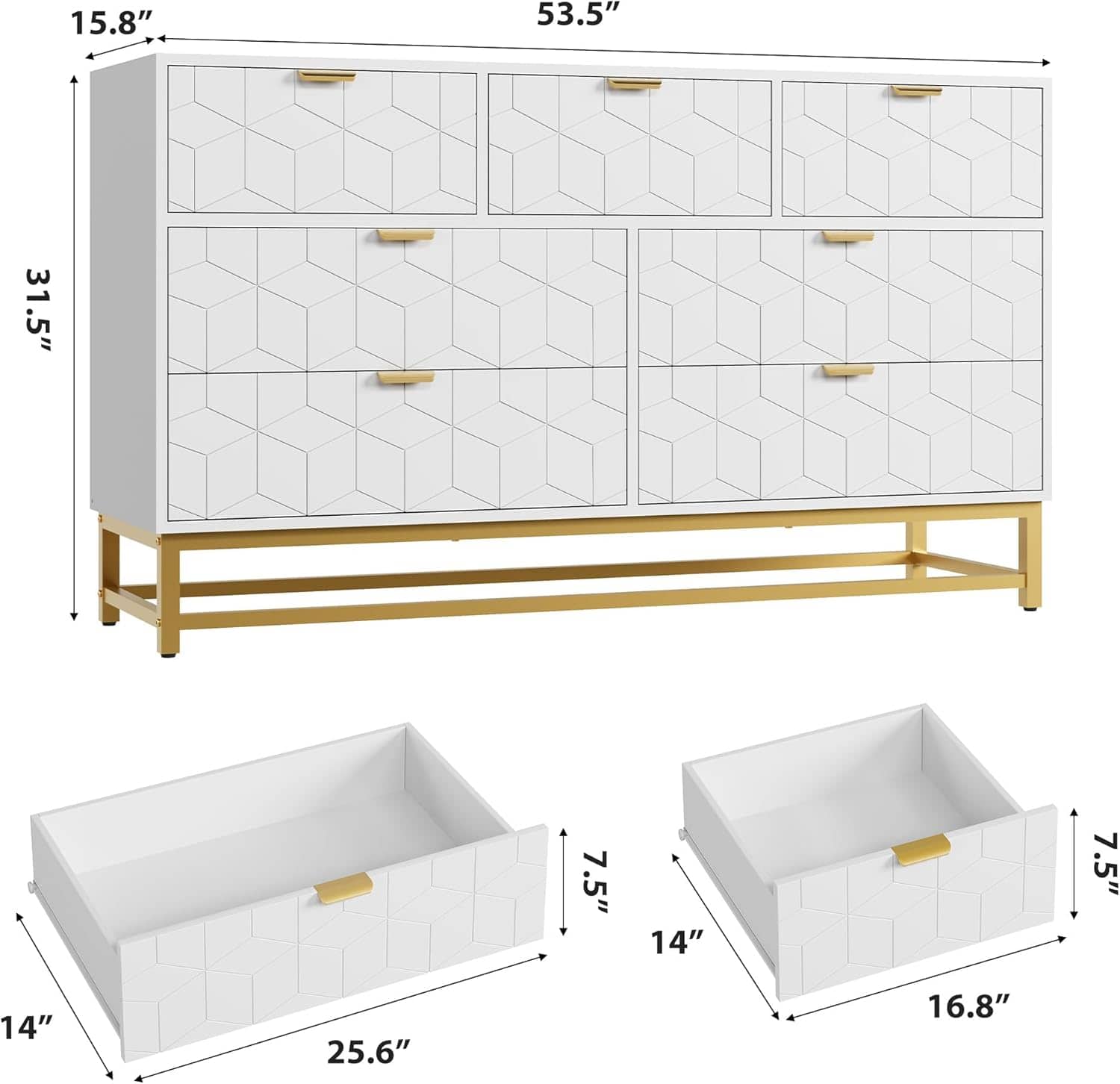 Homhougo - 53.5" 7-Drawer Dresser, Gold Accents, TV Stand & Closet Storage - White