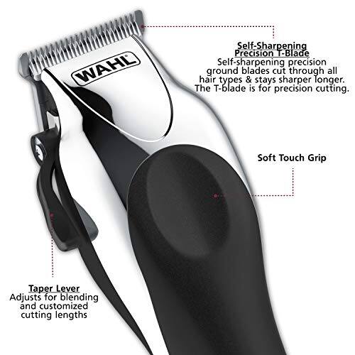 WAHL Self-Sharpening Precision T-Blade  
Self-sharpening precision ground blades cut through all hair types & stays sharper longer. The T-blade is for precision cutting.  

Soft Touch Grip  

Taper Lever  
Adjusts for blending and customized cutting lengths