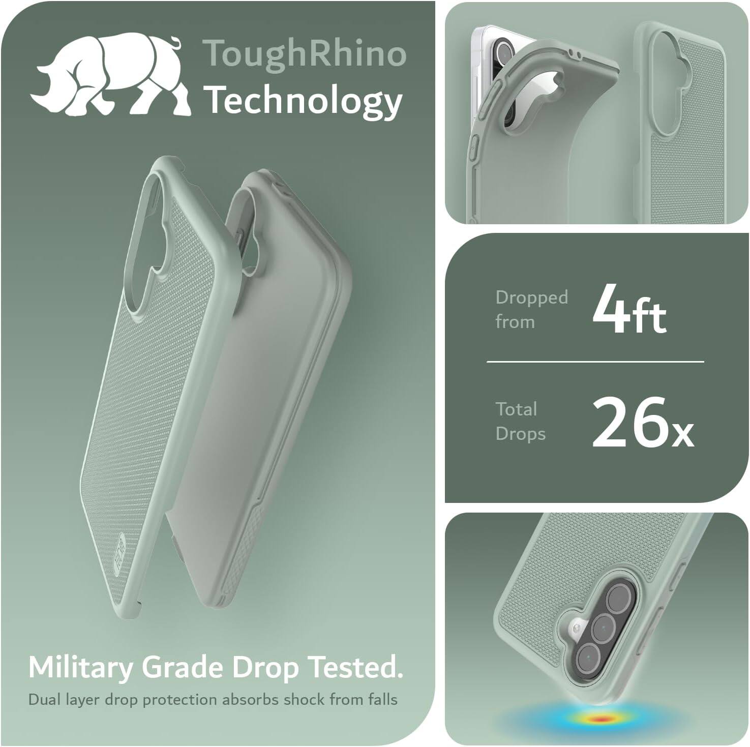 ToughRhino Technology

Dropped from 4ft  
Total Drops 26x

Military Grade Drop Tested.  
Dual layer drop protection absorbs shock from falls