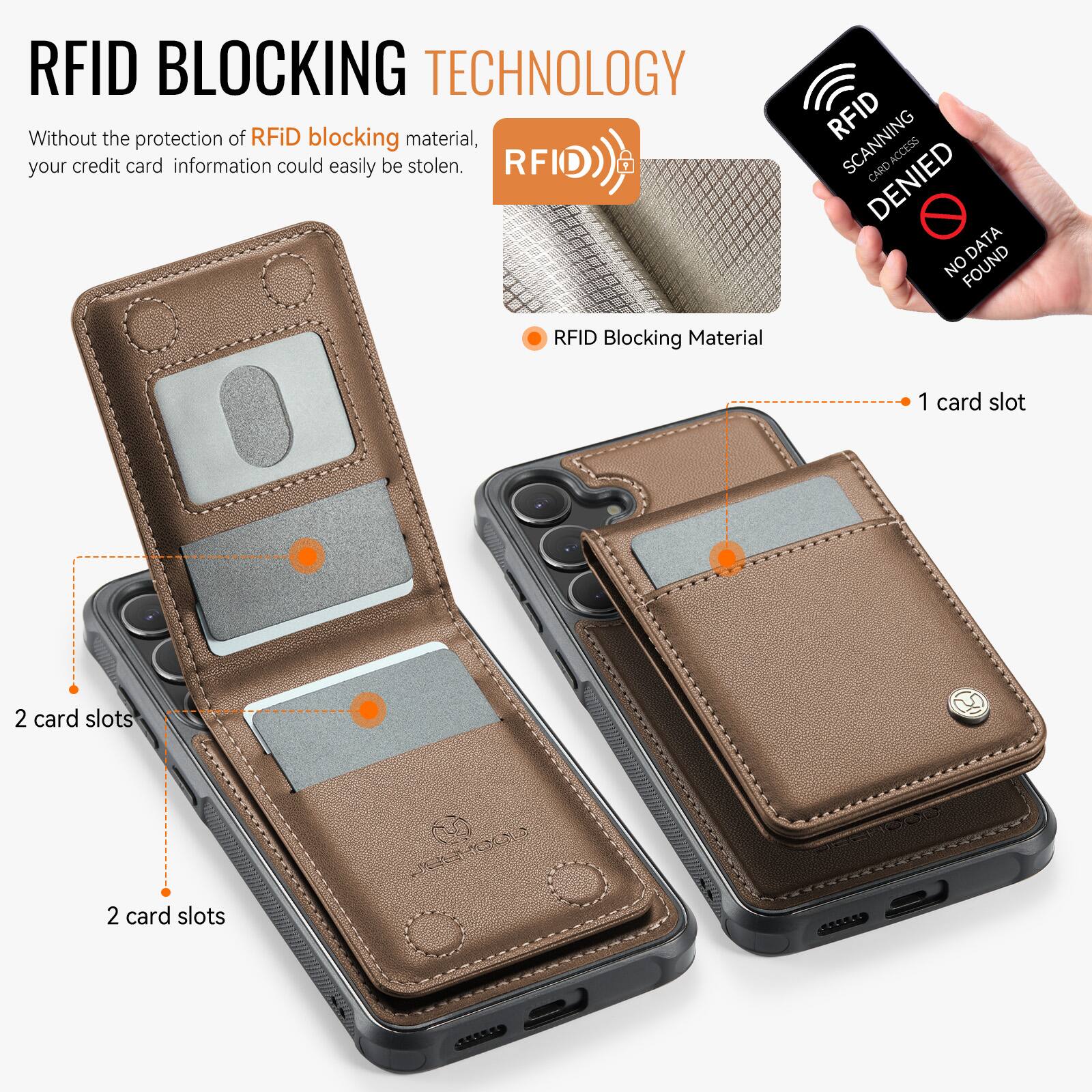 RFID BLOCKING TECHNOLOGY

Without the protection of RFID blocking material, your credit card information could easily be stolen.

RFID SCANNING
CARD ACCESS DENIED
NO DATA FOUND

RFID Blocking Material

1 card slot

2 card slots

2 card slots