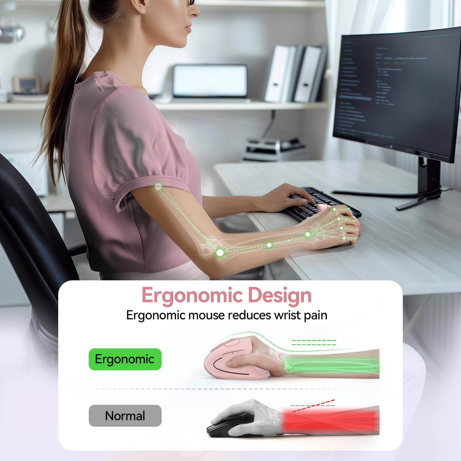 Ergonomic Design  
Ergonomic mouse reduces wrist pain  

Ergonomic  
Normal
