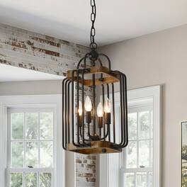 RYHNUYNE - Black Farmhouse Wood Chandelier Light Fixture, 4 Light Rustic Lantern Pendant Light, 10.82in Vintage Cage Chandelier