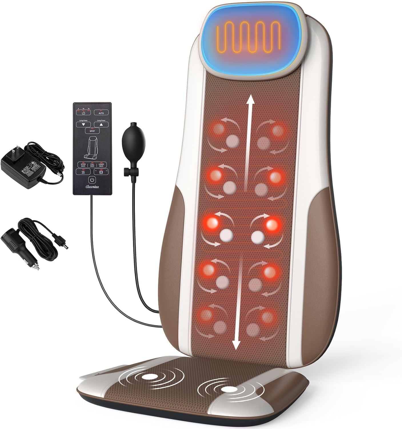 Front. Live At Space - Heated Neck & Back Vibration Massage Cushion, Portable Seat Pad with Cooling Waist, 20min Timer, Travel Gift - 642146674211.